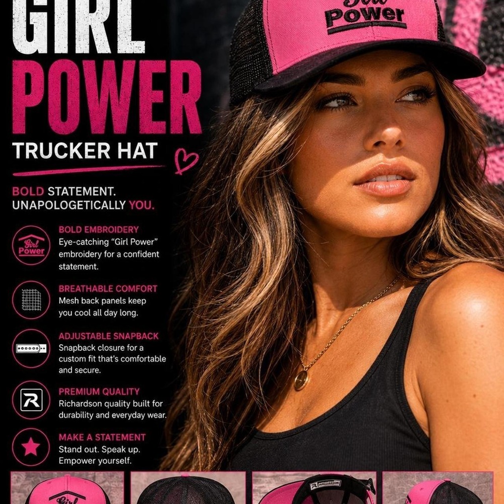 Girl Power Pink Black Trucker Hat Snapback Adjustable Statement Cap Richardson